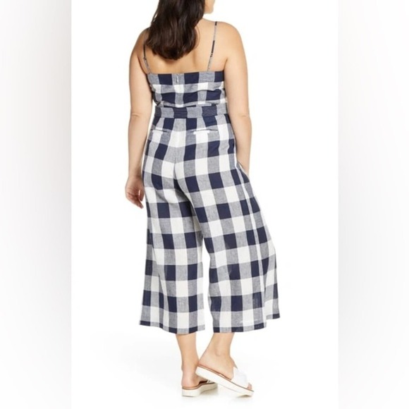 New J. Crew Gingham Beauchamps Linen Spaghetti Strap Jumpsuit In Navy Ivory $128 - Picture 2 of 8